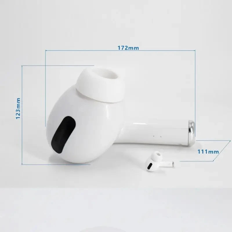 White wireless earbuds with measurements on a light gray background