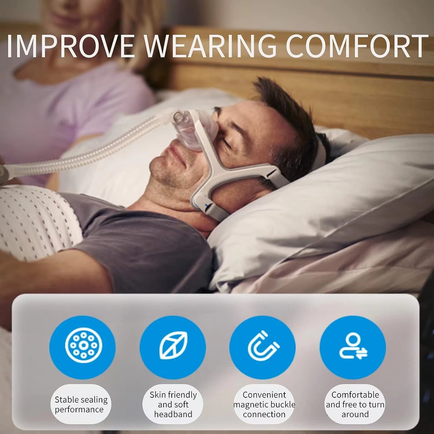 Man using a CPAP machine with text 'Improve Wearing Comfort' and feature icons.