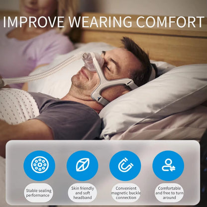 Man using a CPAP machine with text 'Improve Wearing Comfort' and feature icons.