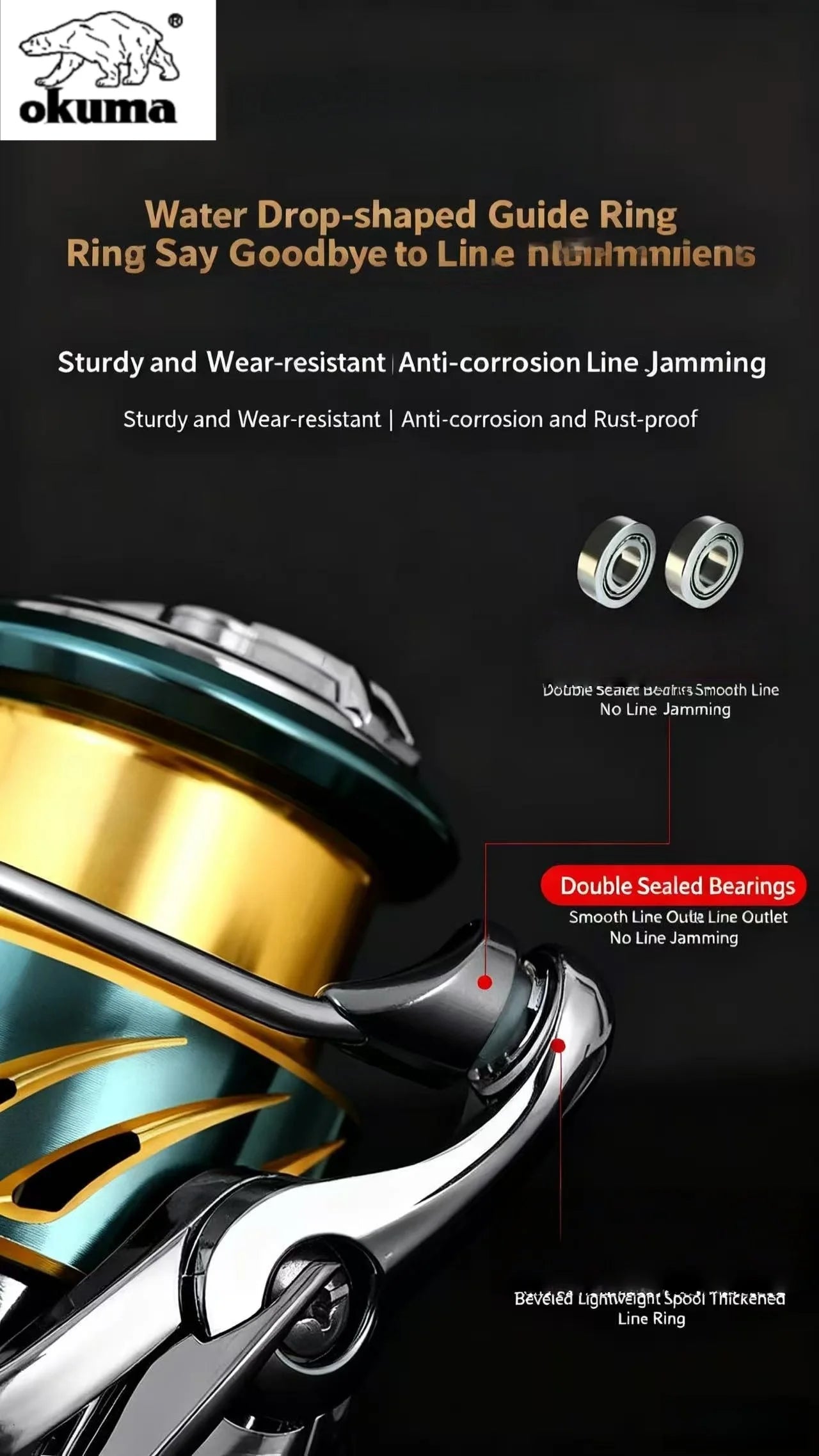 Fishing reel with Okuma branding and product features highlighted on a dark background