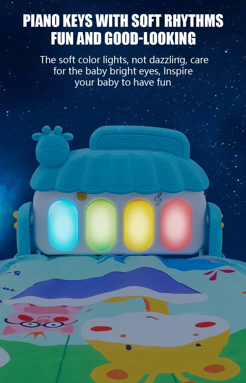 Children's play mat with colorful piano keys and soft lighting on a starry night background.