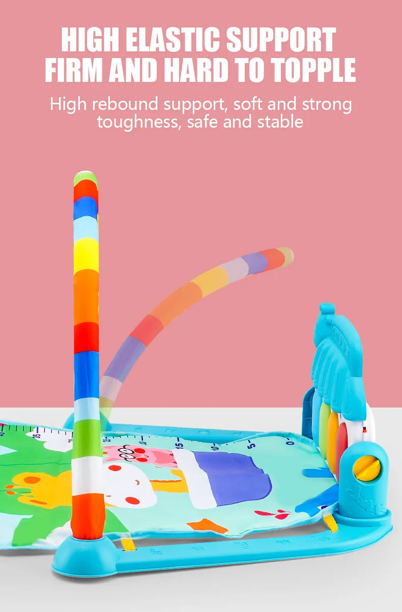 Colorful baby gym with text on a pink background
