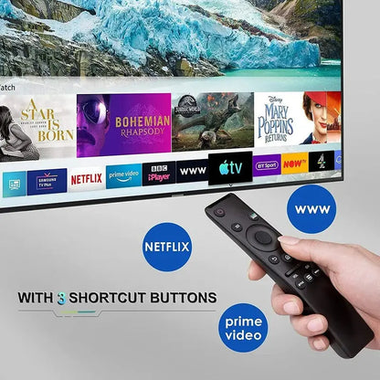 Smart TV displaying streaming app icons with a remote control pointing to 'www' button.