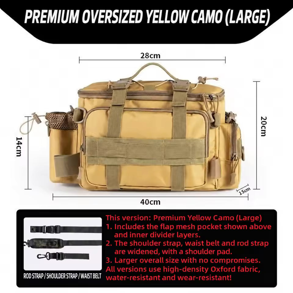 Large Waterproof Fishing Tackle Bag in Khaki, Waist, Shoulder & Crossbody