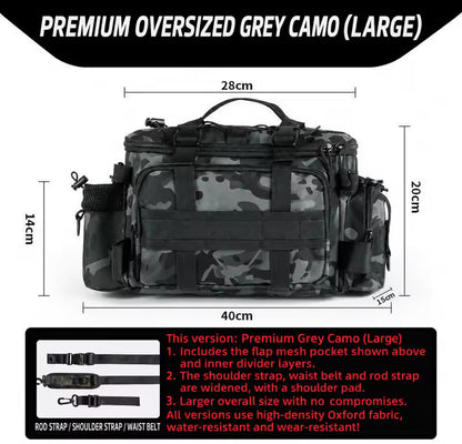Large Waterproof Fishing Tackle Bag in Gray Camo, Waist, Shoulder & Crossbody