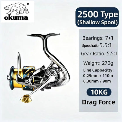 Fishing reel with Okuma branding and technical specifications on a white background