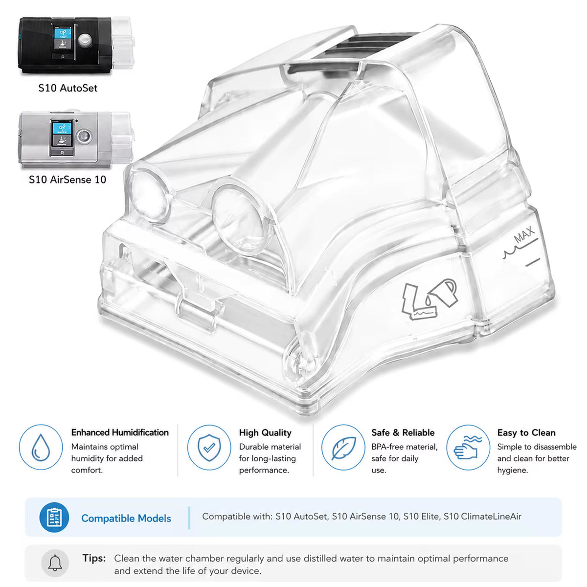 S10 Series Water Chamber Replacement for AirSense 10 AirCurve 10, Humidifier Tank, Filter Cotton Option Available Separately Airsense 10 Av8Store