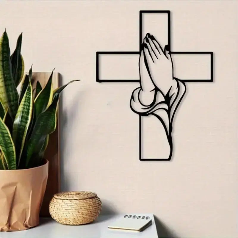Cast Iron Cross Wall Art – Praying Hands Religious Metal Decor, Easy‑Hang Christian Home Gift AEX
