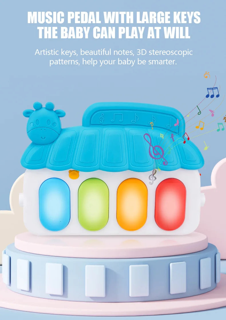 Children's toy piano with colorful keys on a light blue background