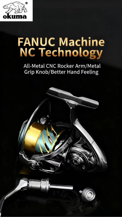 Fishing reel with 'Okuma' branding and text about FANUC machine NC technology on a black background.