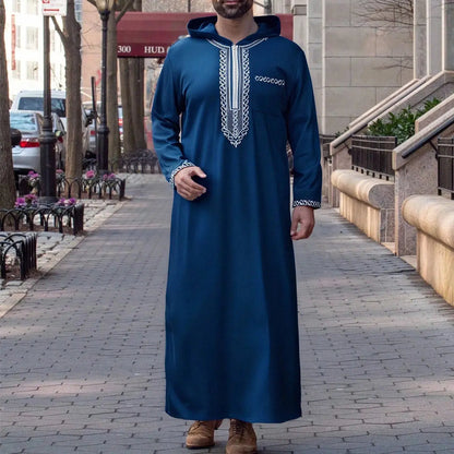 Men's Islamic Hooded Thobe – Luxury Embroidered Moroccan Robe with Pockets AEX