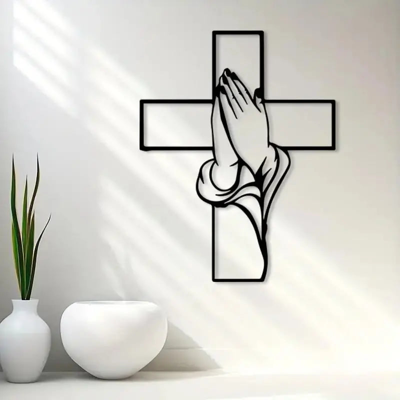 Cast Iron Cross Wall Art – Praying Hands Religious Metal Decor, Easy‑Hang Christian Home Gift AEX