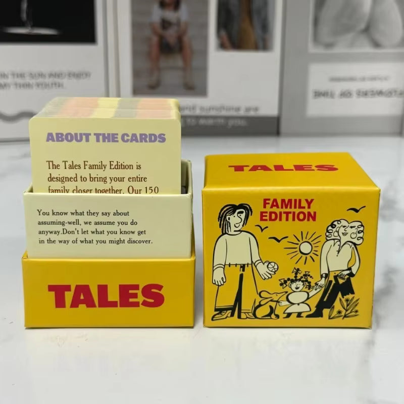 TALES Family Edition box open showing the About the Cards description panel