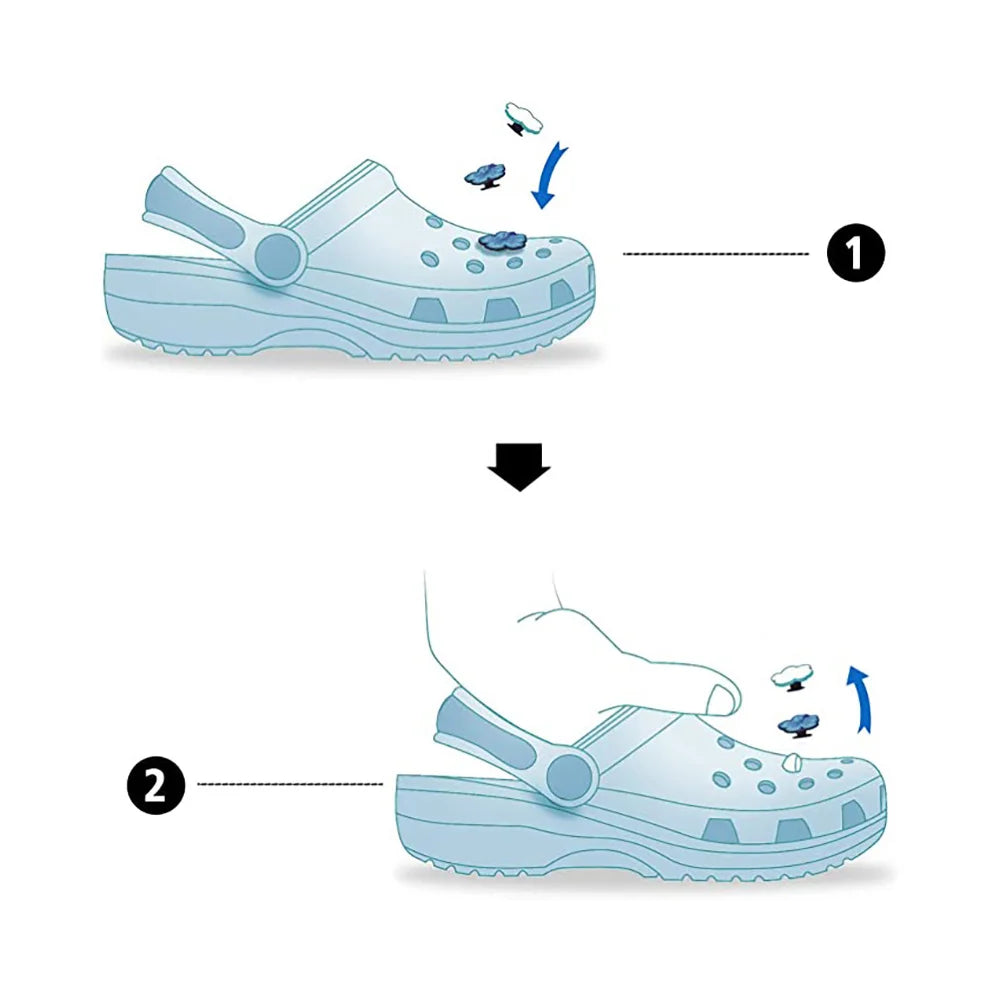 Diagram showing a blue clog shoe with a focus on its sole and design elements.
