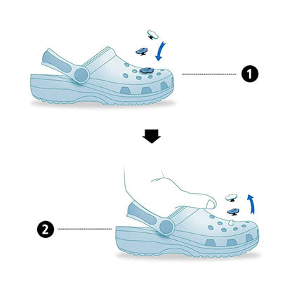 Diagram showing a blue clog shoe with a focus on its sole and design elements.