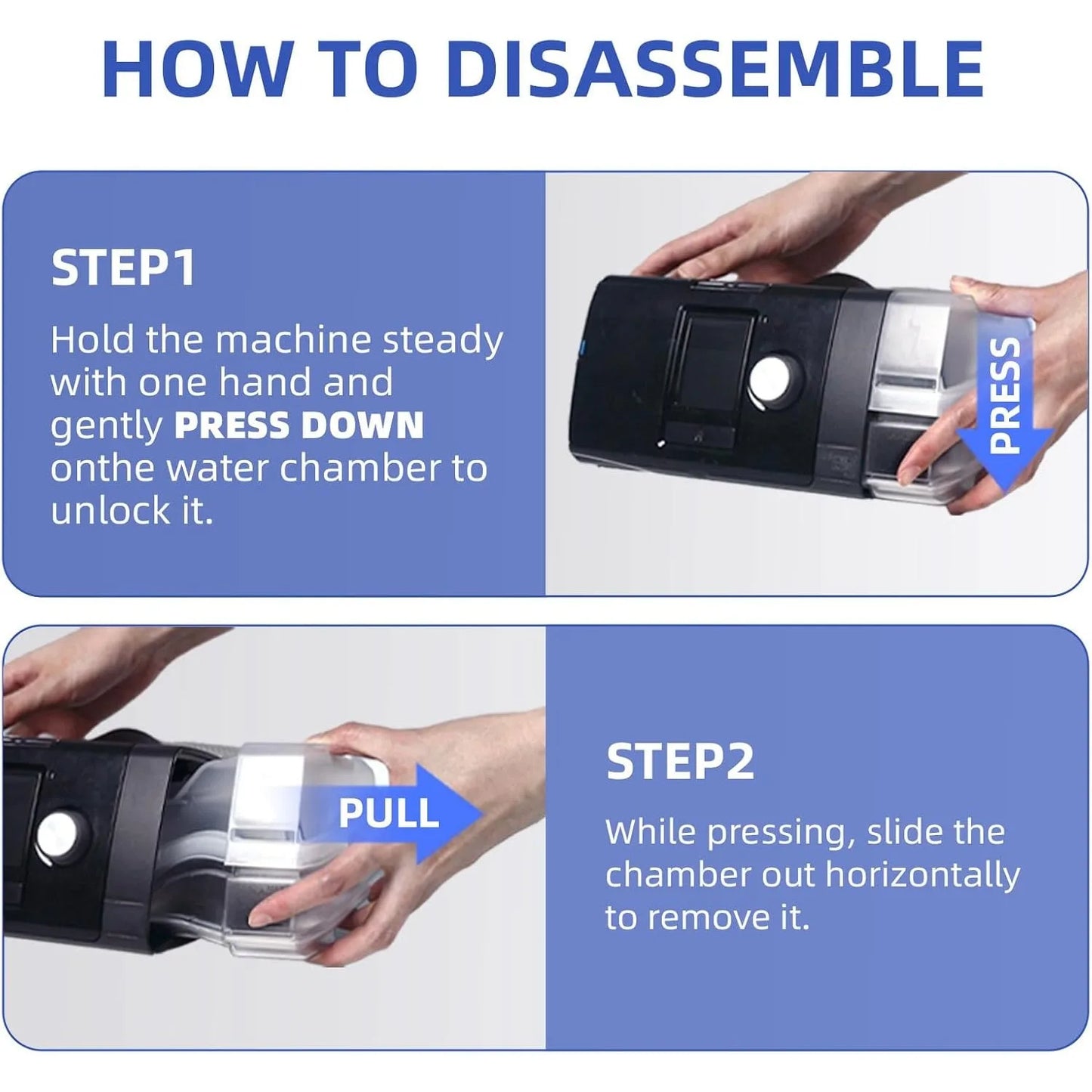 Instructions on how to disassemble a machine with text and images of hands performing actions.