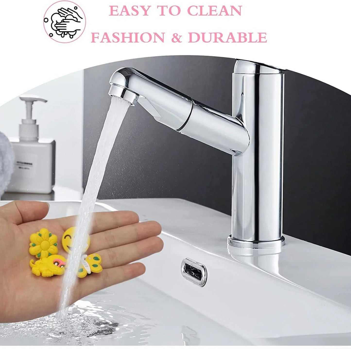 Chrome faucet with running water, hand washing, and text 'Easy to clean, fashion & durable' on a white background.