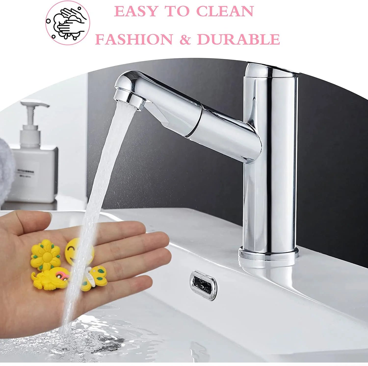 Chrome faucet with running water, hand washing, and text 'Easy to clean, fashion & durable' on a white background.