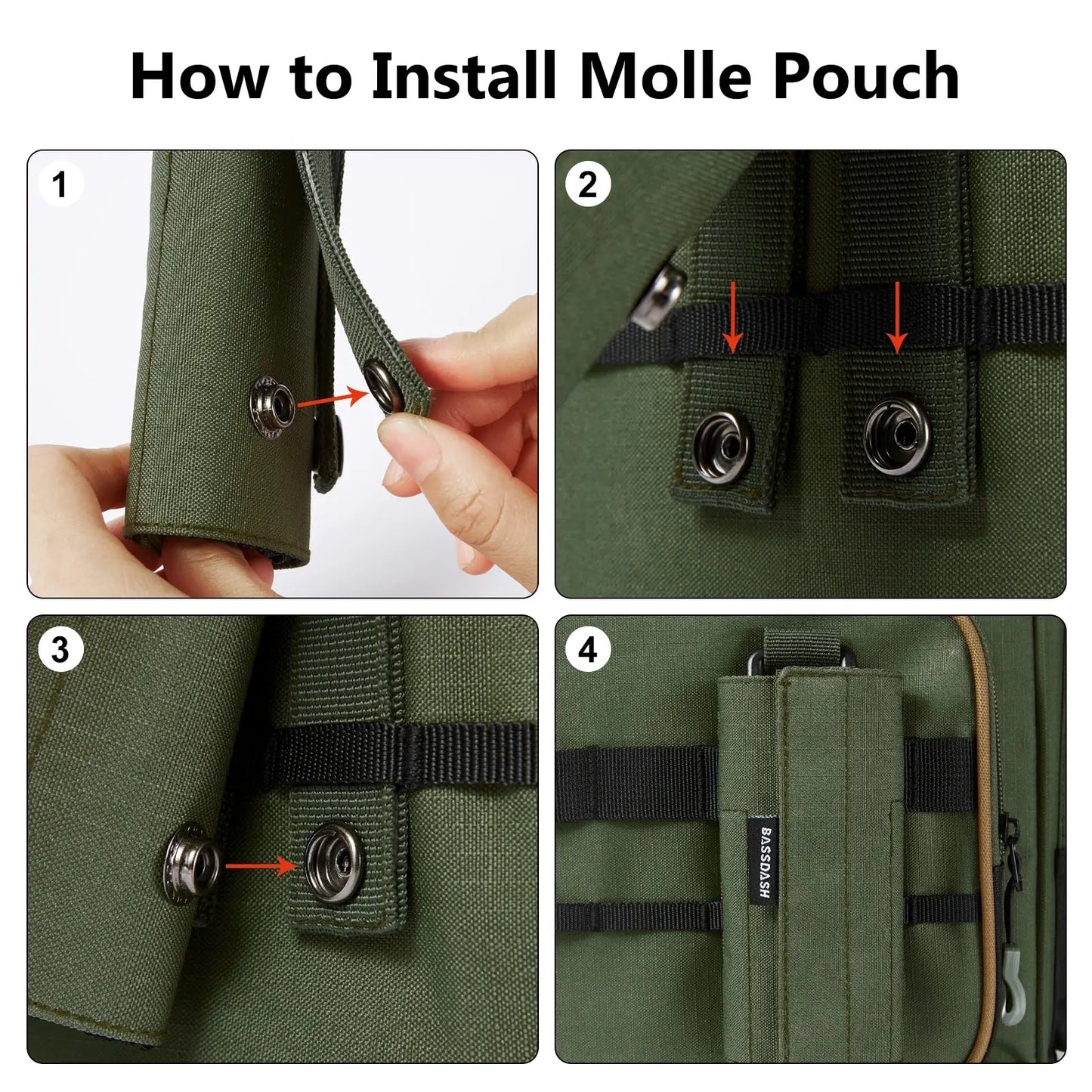 Step-by-step guide on how to install a Molle pouch with close-up shots of hands and product.