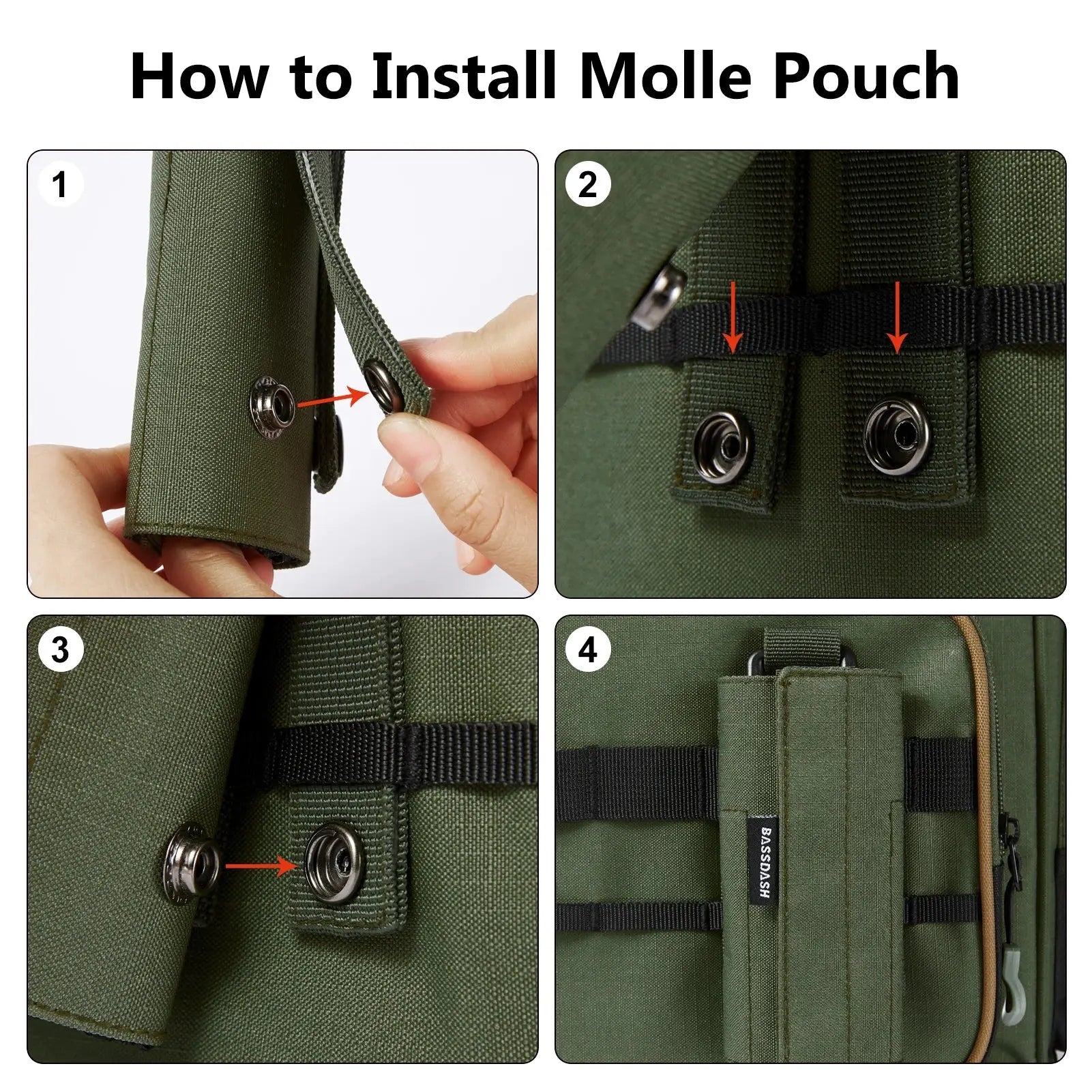 Step-by-step guide on how to install a Molle pouch with close-up shots of hands and product.