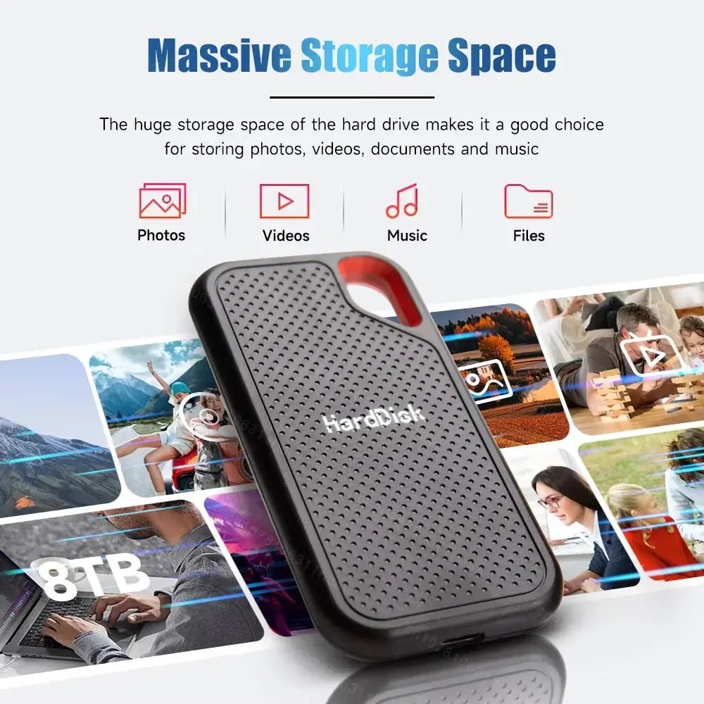 Portable hard drive with text about storage space and uses, surrounded by lifestyle images.