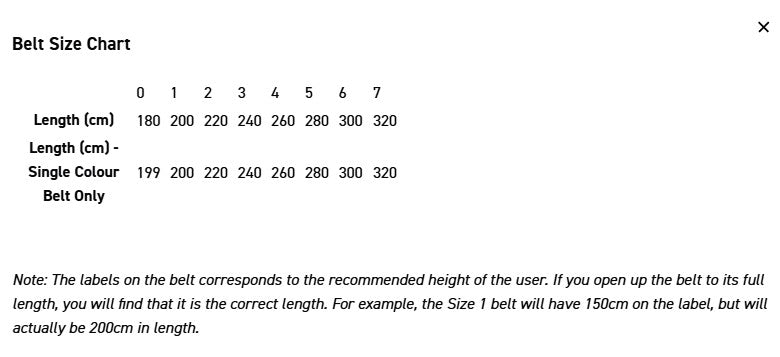 A size chart table for a belt, showing belt sizes 0 to 7 and corresponding lengths in centimeters, with a note explaining that the labels on the belt correspond to the recommended height of the user.