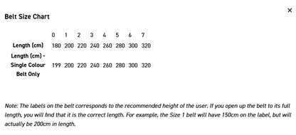A size chart table for a belt, showing belt sizes 0 to 7 and corresponding lengths in centimeters, with a note explaining that the labels on the belt correspond to the recommended height of the user.