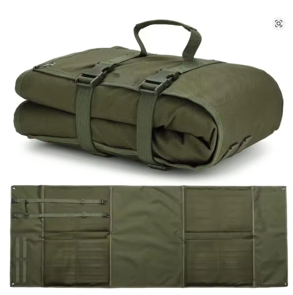 Tactical shooting mat shown rolled up and unrolled flat to compare compact storage size vs full layout, green