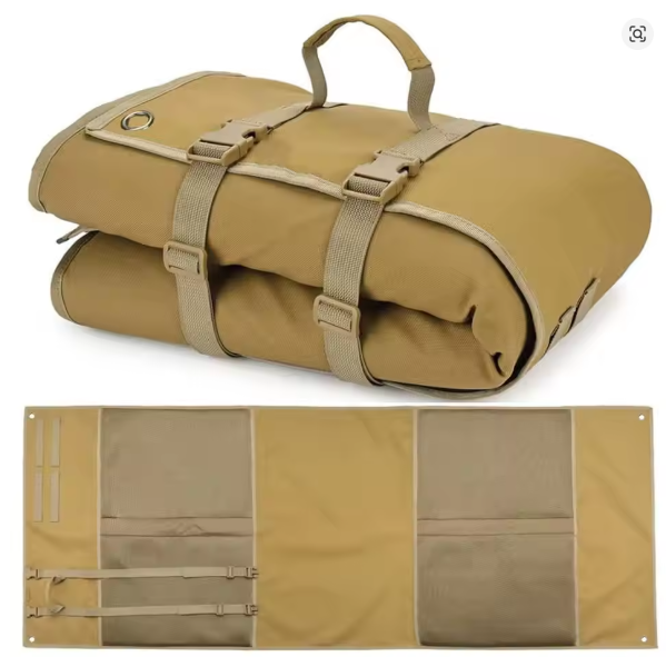 Tactical shooting mat shown rolled up and unrolled flat to compare compact storage size vs full layout, khaki