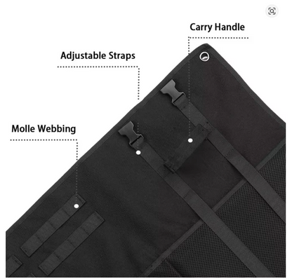 Tactical shooting mat feature graphic showing carry handle, adjustable straps and Molle webbing, black
