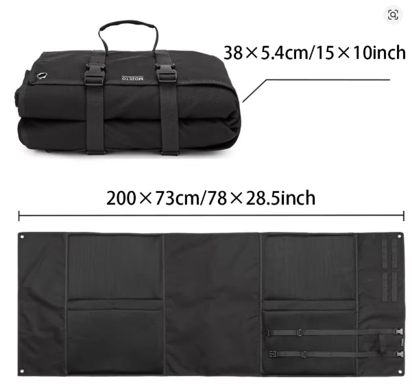 Tactical shooting mat size specifications - 200 x 73cm unrolled flat, 38 x 5.4cm rolled up for storage, black
