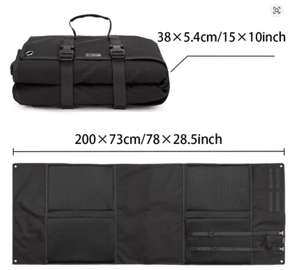Tactical shooting mat size specifications - 200 x 73cm unrolled flat, 38 x 5.4cm rolled up for storage, black