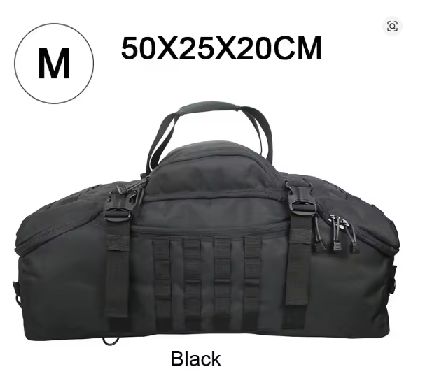 Tactical duffle bag backpack in black, M size 50 x 25 x 20cm, with Molle webbing and carry handle