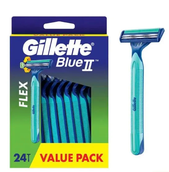 Gillette Blue II Disposable Razors 24 Pack Pivot Head Aloe Lubrastrip Smooth Shave CLES