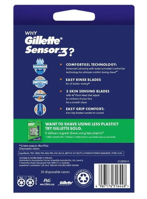 Gillette Sensor Disposable Razors – 20 Pack ComfortGel Easy‑Rinse Blades CLES