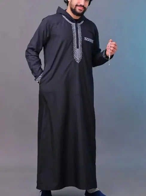 Men's Islamic Hooded Thobe – Luxury Embroidered Moroccan Robe with Pockets AEX