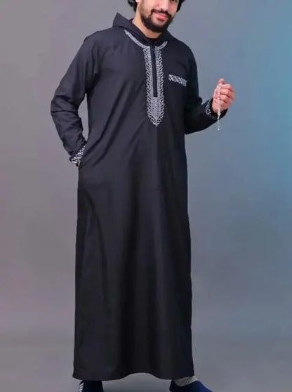 Men's Islamic Hooded Thobe – Luxury Embroidered Moroccan Robe with Pockets AEX