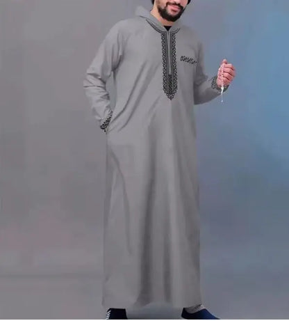 Men's Islamic Hooded Thobe – Luxury Embroidered Moroccan Robe with Pockets AEX