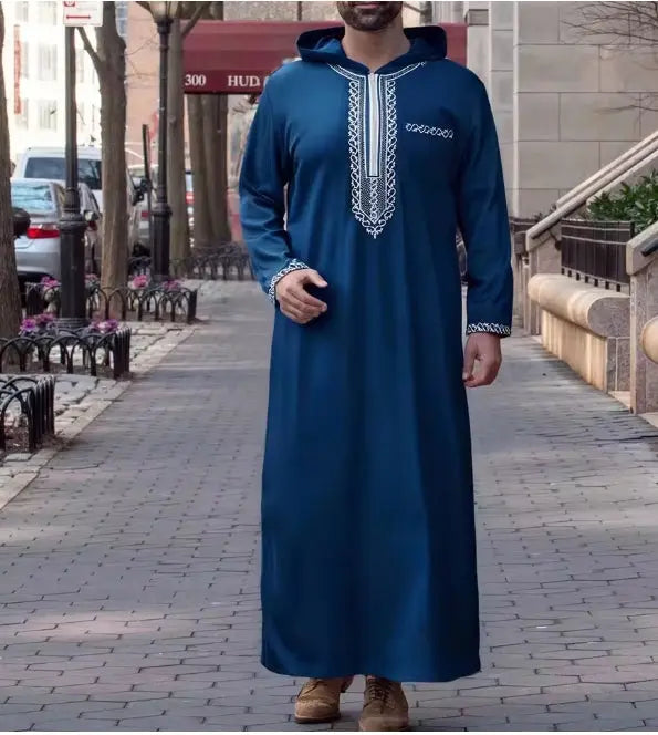 Men's Islamic Hooded Thobe – Luxury Embroidered Moroccan Robe with Pockets AEX