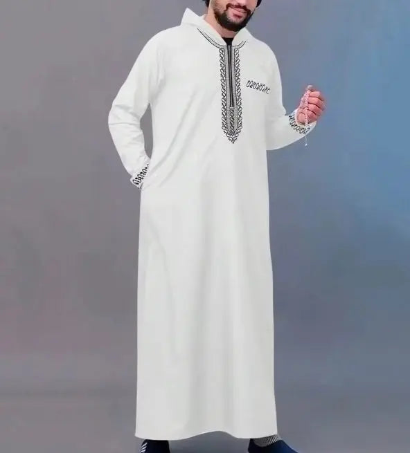 Men's Islamic Hooded Thobe – Luxury Embroidered Moroccan Robe with Pockets AEX