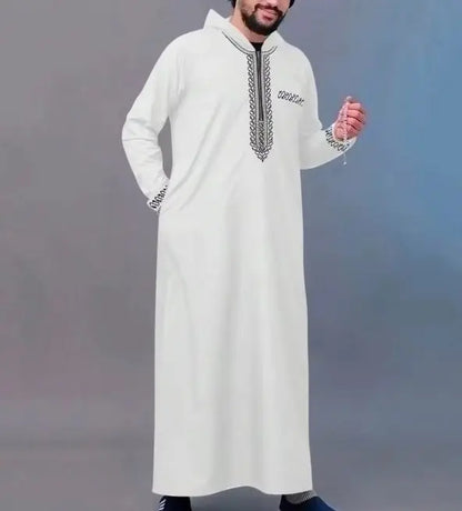 Men's Islamic Hooded Thobe – Luxury Embroidered Moroccan Robe with Pockets AEX