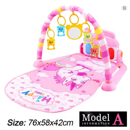 Pink baby play mat with activities and toys on a white background