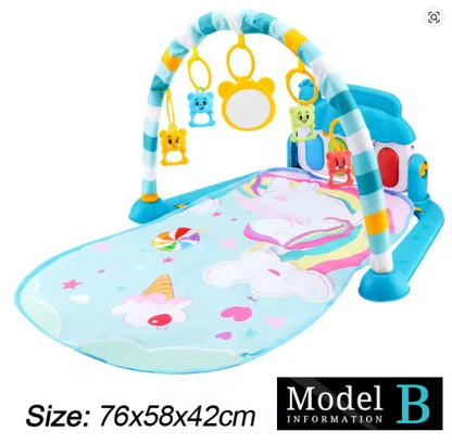 Colorful baby play gym with toys on a white background