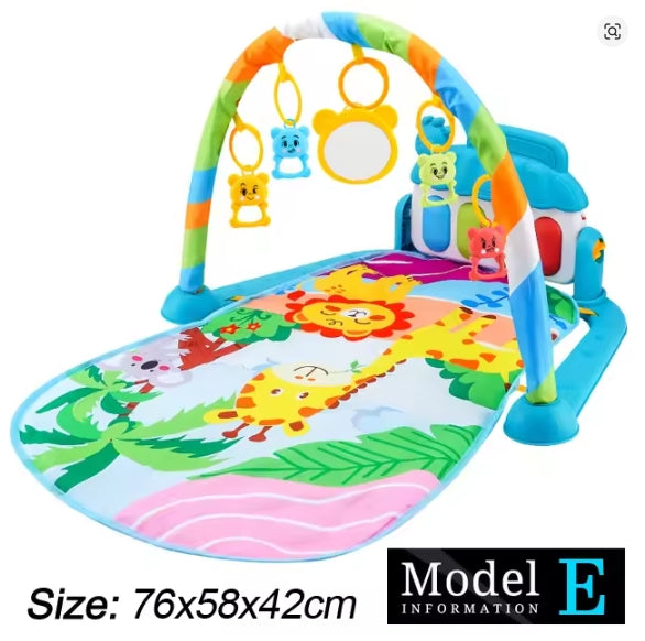 Colorful baby play gym with animals and toys on a white background