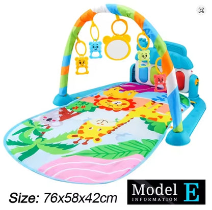 Colorful baby play gym with animals and toys on a white background