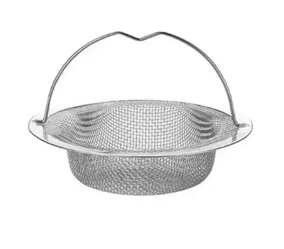 Metal mesh strainer with handle on a white background