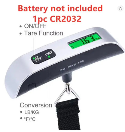 Digital luggage scale with CR2032 battery indicator on a white background