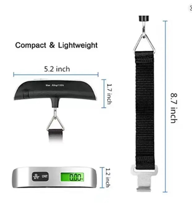 Digital luggage scale with dimensions and strap details on a white background