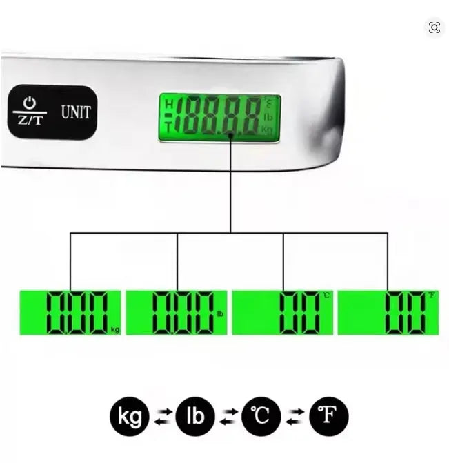 Digital scale with green display on a white background