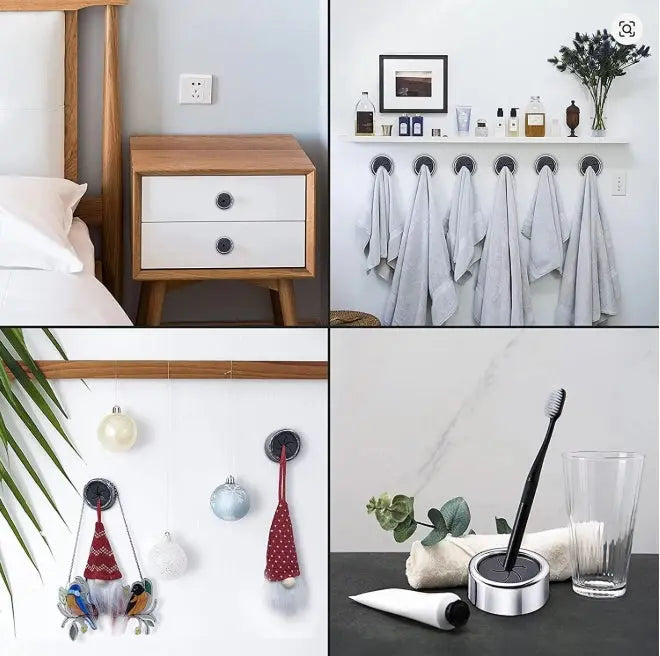 Collage of four images showing a wooden nightstand, towel rack with hanging towels, wall hooks with decorative items, and a bathroom setup with a toothbrush holder.